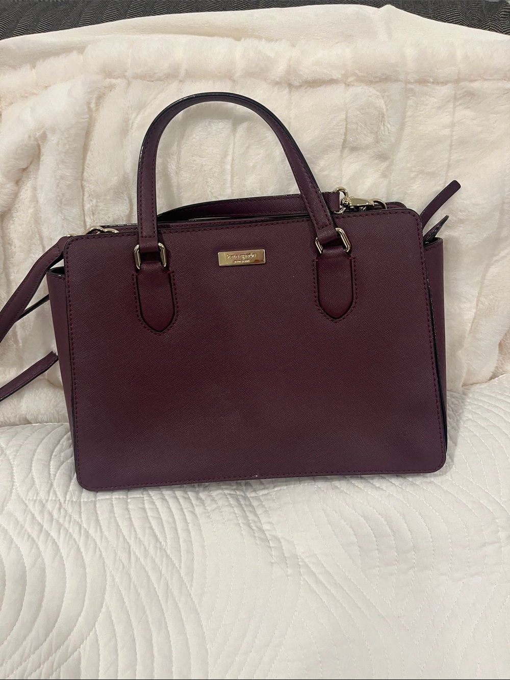 kate spade deep plum structured satchel with gold hardware